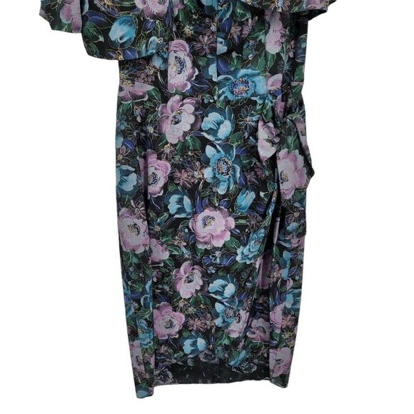 Vtg 80's Womens Dress Set Strapless Smocked Sweetheart Faux Wrap Floral Blk XS - Picture 8 of 13